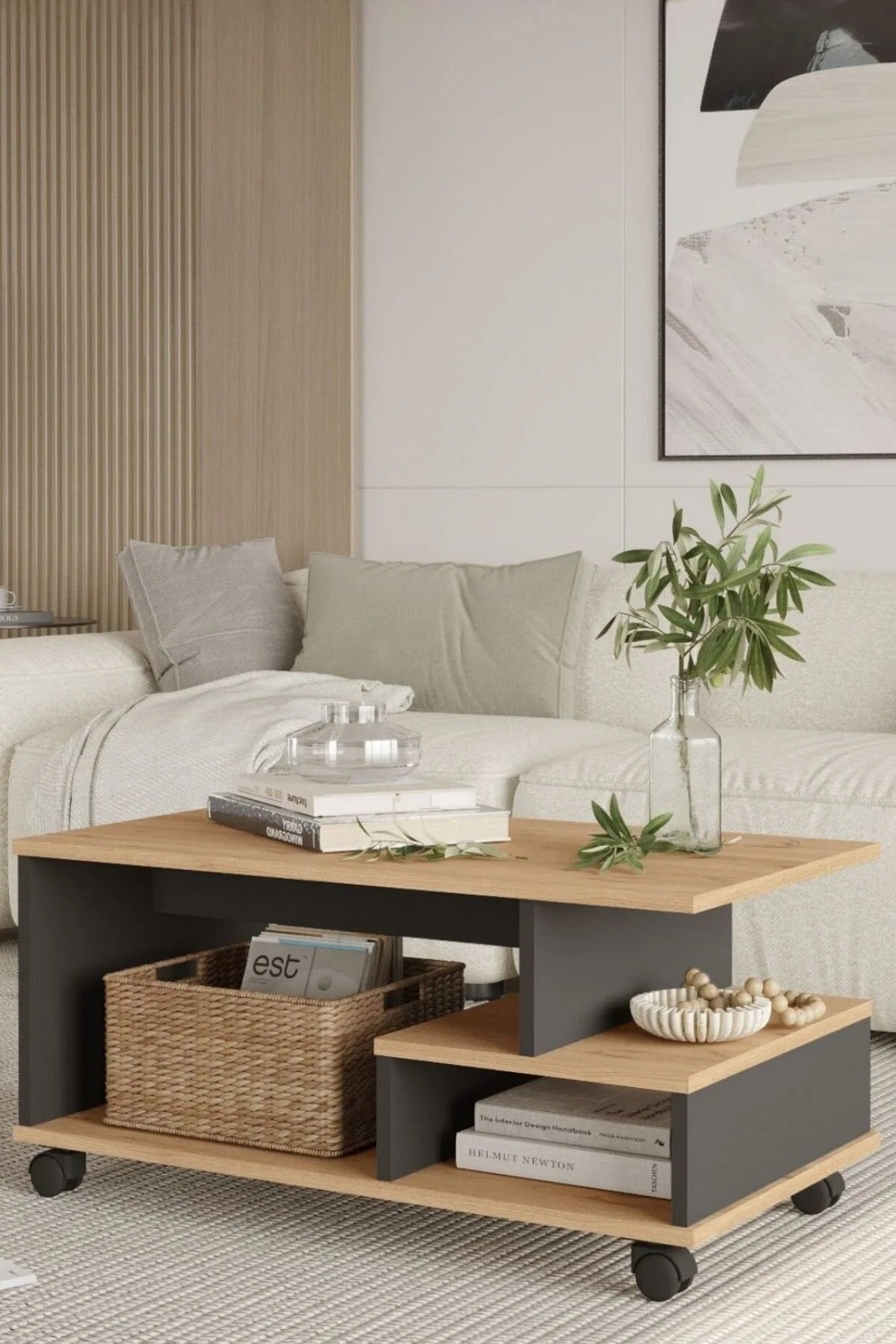 Table Basse Mina à Roulettes avec Compartiments et Étagère – Blanc et Effet Rotin