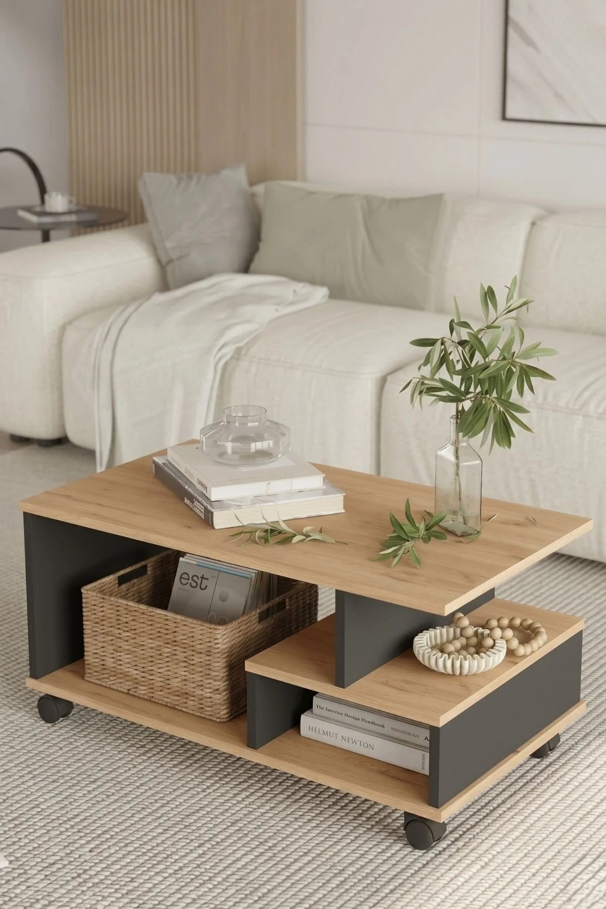 Table Basse Mina à Roulettes avec Compartiments et Étagère – Blanc et Effet Rotin