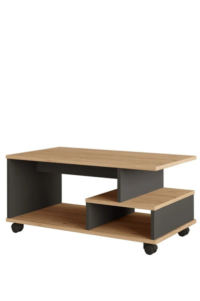 Table Basse Mina à Roulettes avec Compartiments et Étagère – Blanc et Effet Rotin