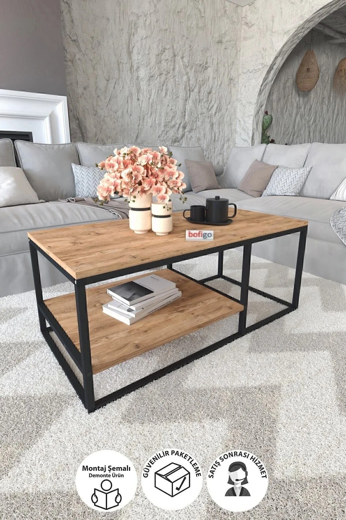 Table Basse à Pieds Métalliques avec 2 Étagères – Table de Salon Moderne et Décorative