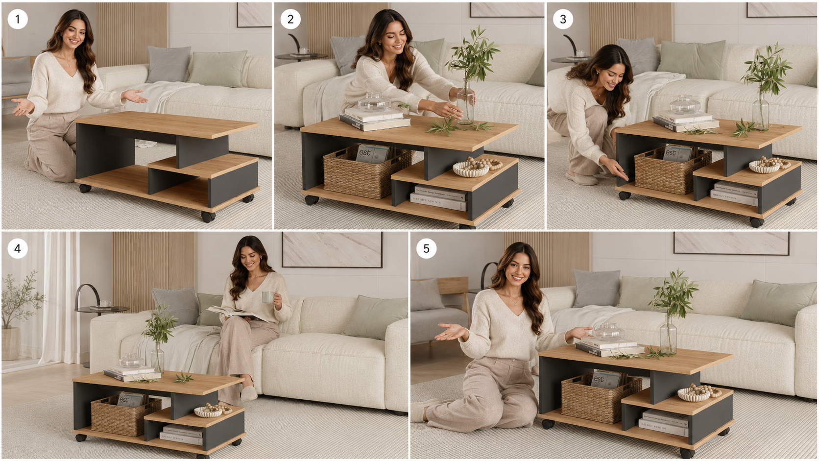 Table Basse Mina à Roulettes avec Compartiments et Étagère – Blanc et Effet Rotin