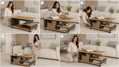 Table Basse Mina à Roulettes avec Compartiments et Étagère – Blanc et Effet Rotin