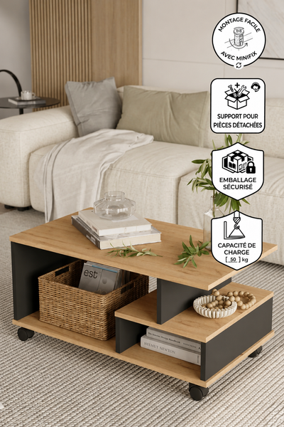 Table Basse Mina à Roulettes avec Compartiments et Étagère – Blanc et Effet Rotin