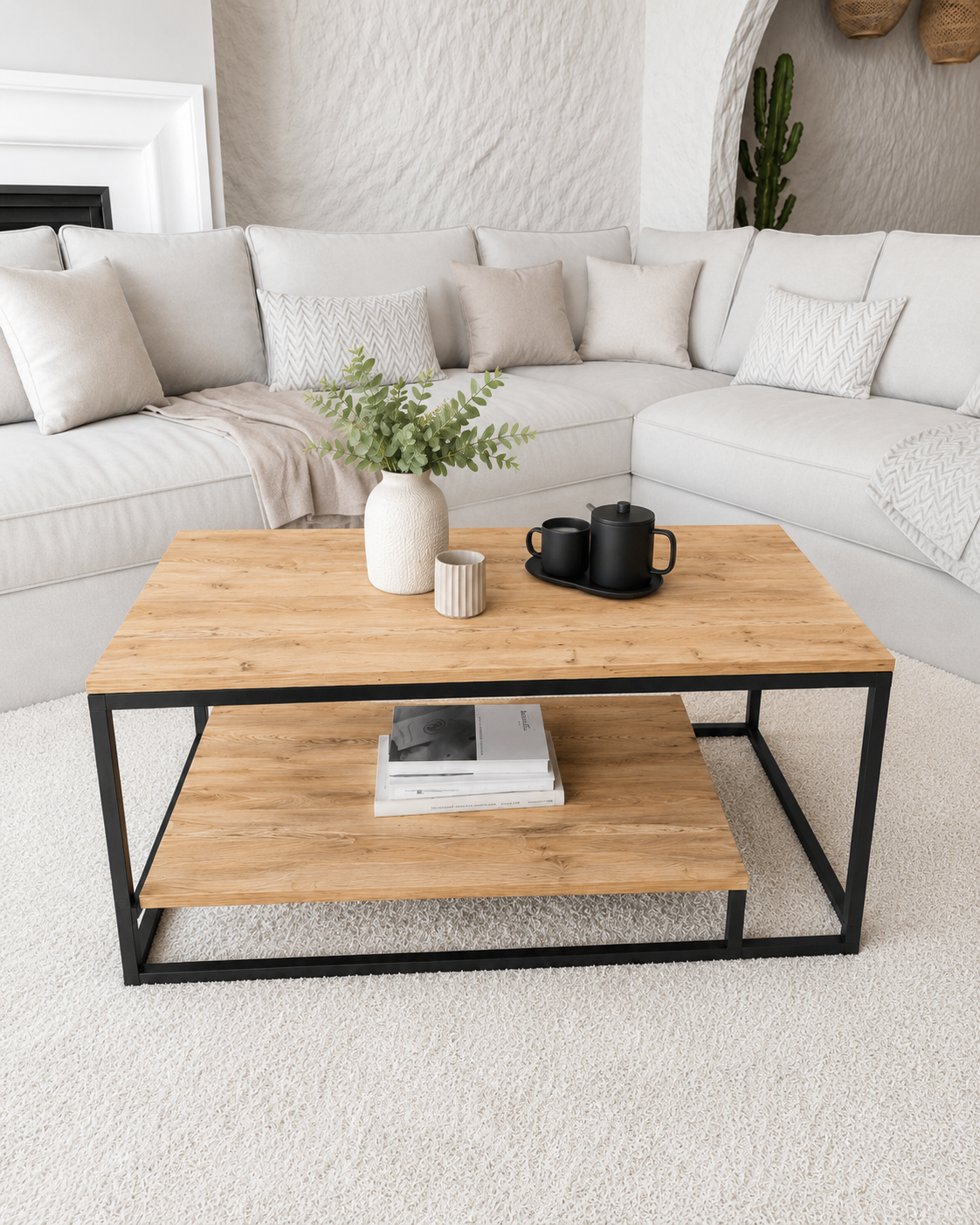 Table Basse à Pieds Métalliques avec 2 Étagères – Table de Salon Moderne et Décorative